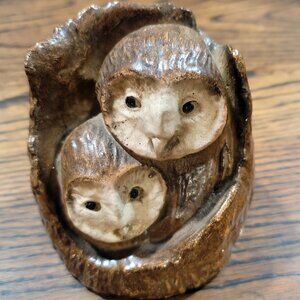 Ceramic Carved Owls in Tree Figurine Art Sculpture
